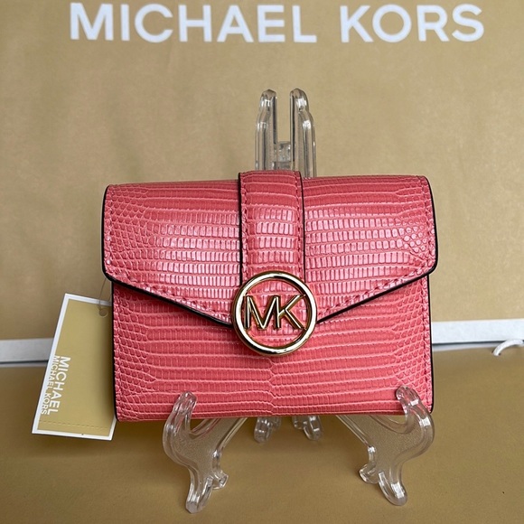 MICHAEL KORS CARMEN MEDIUM FLAP LOGO BIFOLD WALLET GRAPEFRUIT - Picture 2 of 16